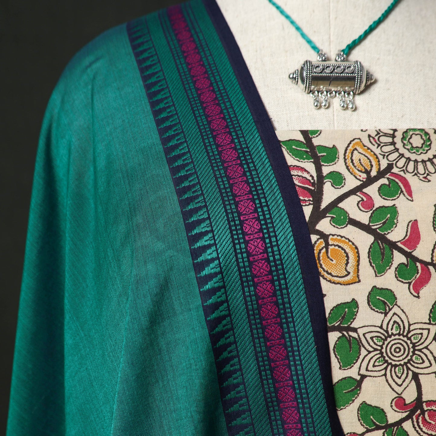 Kalamkari Printed Cotton 2pc Unstitched Dress Material Kurta Set with Jewellery 01