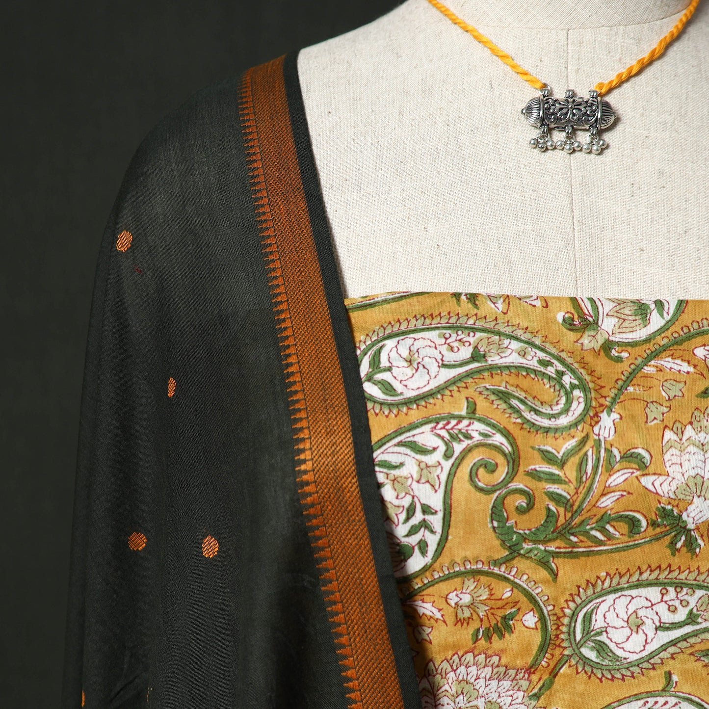 Sanganeri Hand Block Print Cotton 2pc Unstitched Dress Material Kurta Set with Jewellery 02