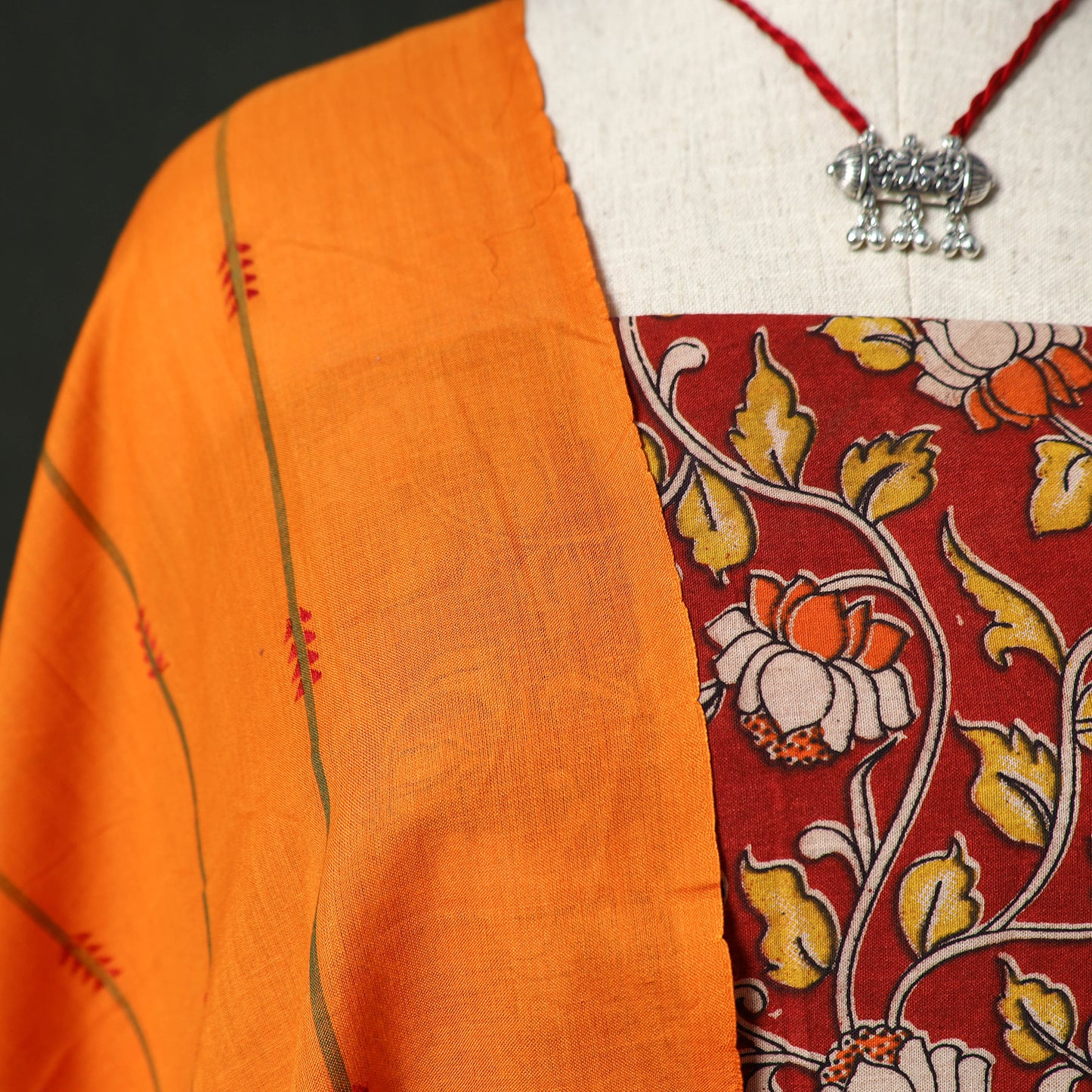 Kalamkari Printed Cotton 2pc Unstitched Dress Material Kurta Set with Jewellery 04