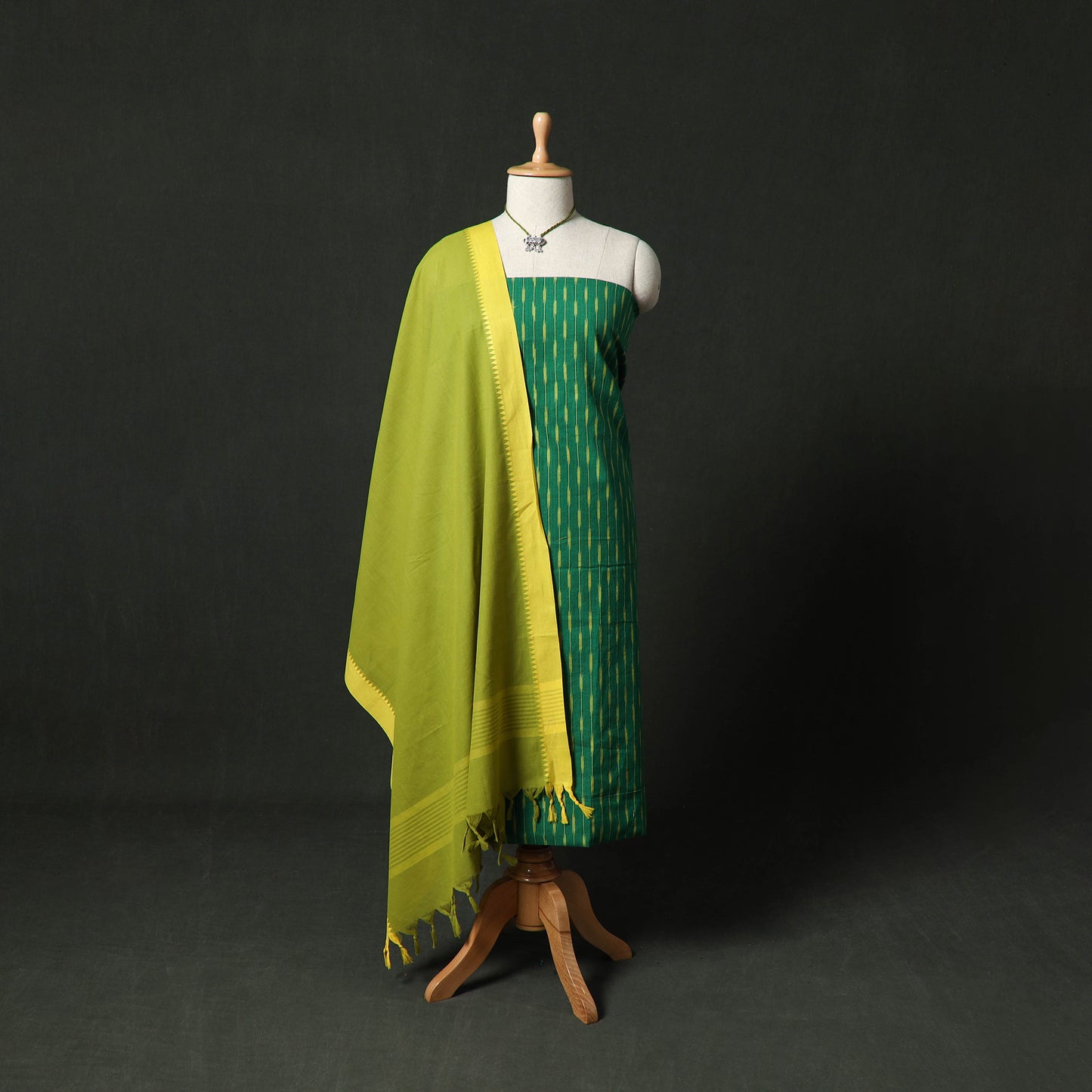 Pochampally Ikat Weave Cotton 2pc Unstitched Dress Material Kurta Set with Jewellery 12
