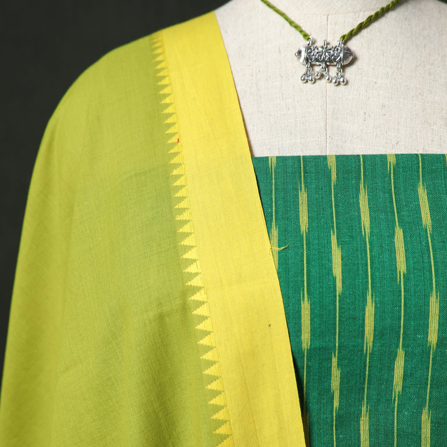 Pochampally Ikat Weave Cotton 2pc Unstitched Dress Material Kurta Set with Jewellery 12
