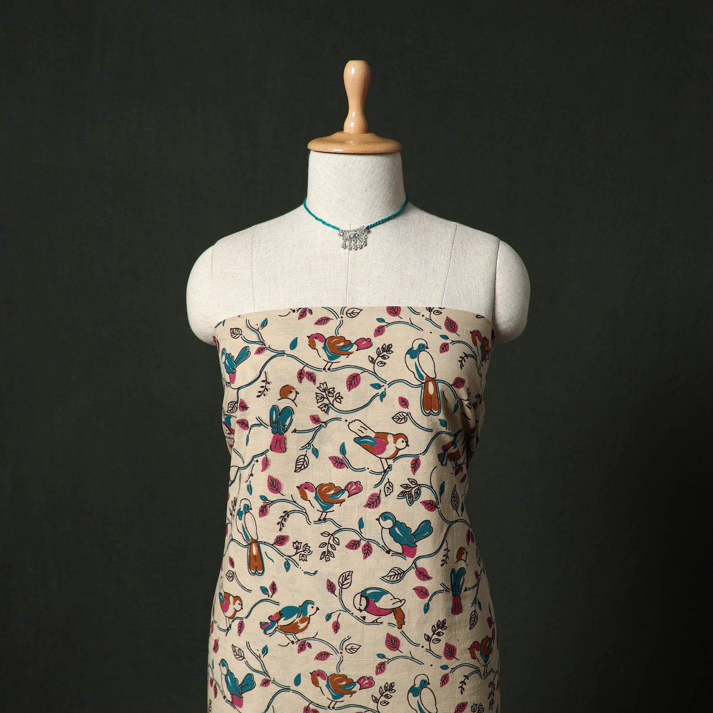 Kalamkari Printed Cotton 2pc Unstitched Dress Material Kurta Set with Jewellery 15