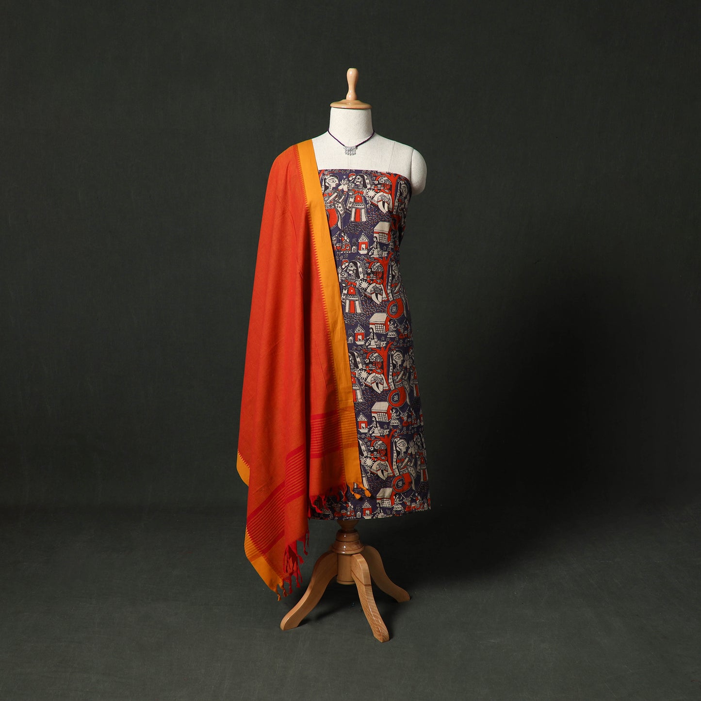Kalamkari Printed Cotton 2pc Unstitched Dress Material Kurta Set with Jewellery 17