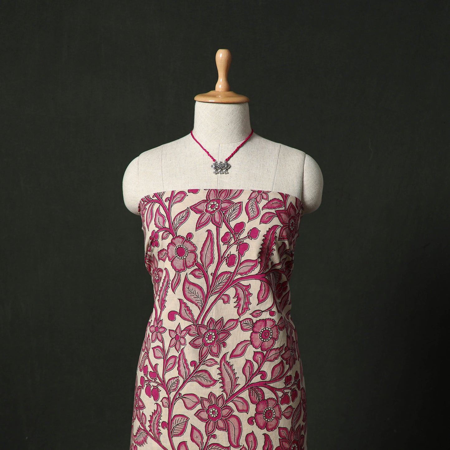 Kalamkari Printed Cotton 2pc Unstitched Dress Material Kurta Set with Jewellery 19