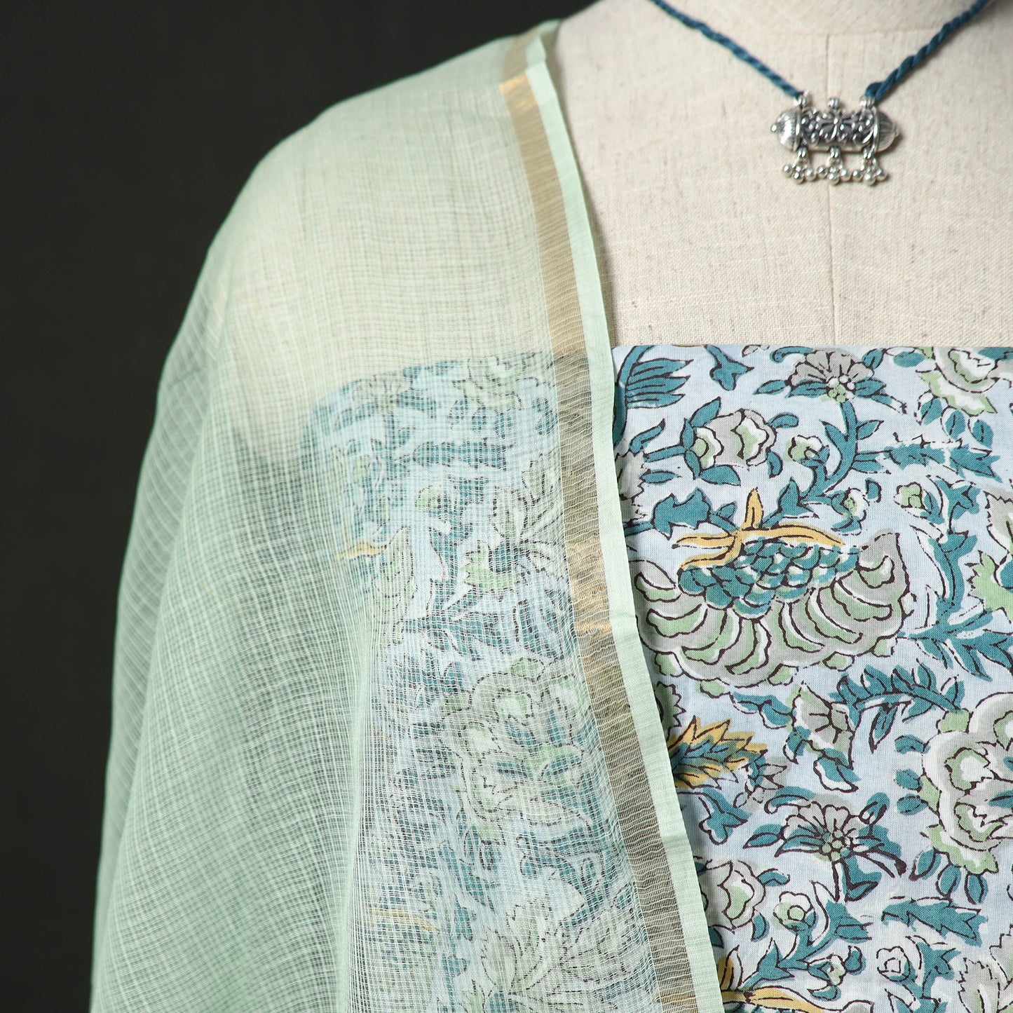 Sanganeri Hand Block Print Cotton 2pc Unstitched Dress Material Kurta Set with Jewellery 22