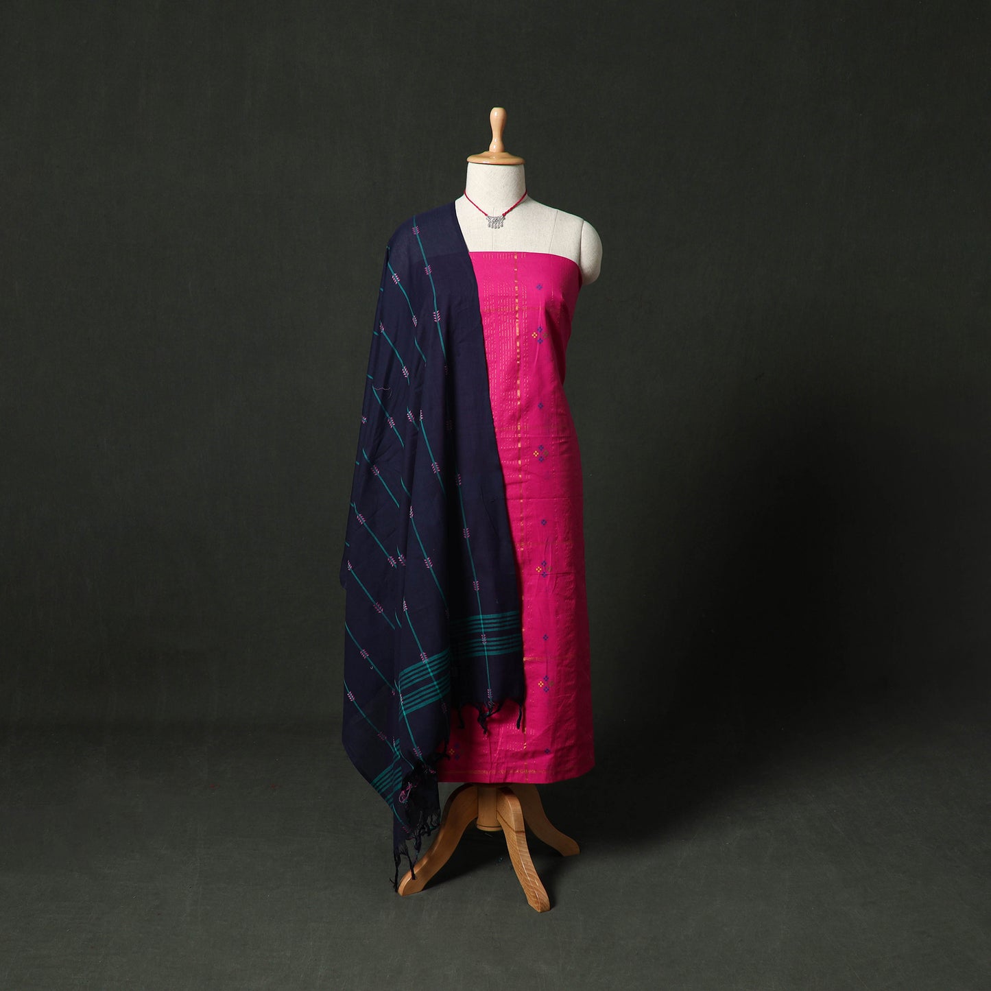 Jacquard Woven Cotton 2pc Unstitched Dress Material Kurta Set with Jewellery 30