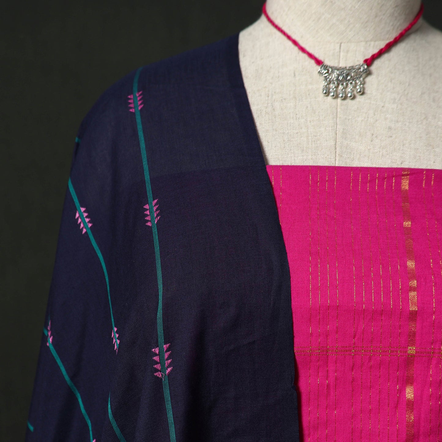 Jacquard Woven Cotton 2pc Unstitched Dress Material Kurta Set with Jewellery 30