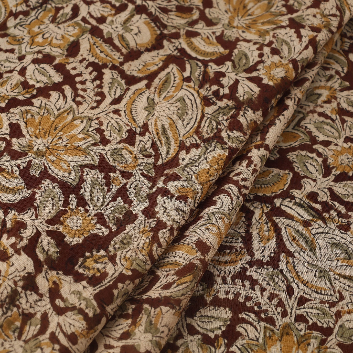 Pedana Brown Hand Block Print Mul Cotton Kalamkari Fabric