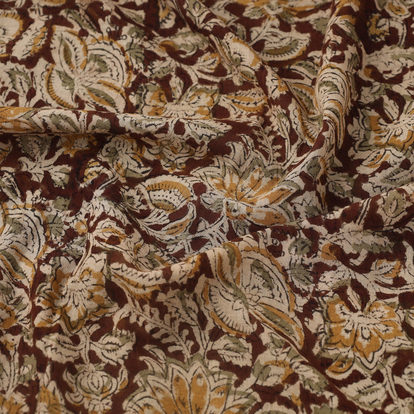 Pedana Brown Hand Block Print Mul Cotton Kalamkari Fabric