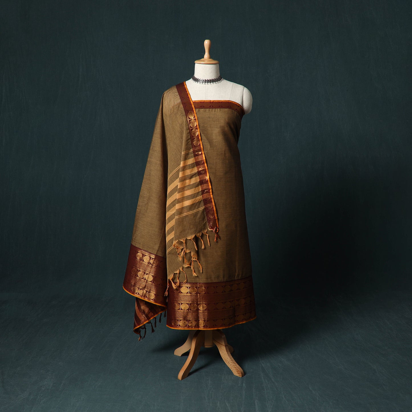 Brown - Kandangi Chettinad Cotton 2pc Unstitched Dress Material Kurta Set 02
