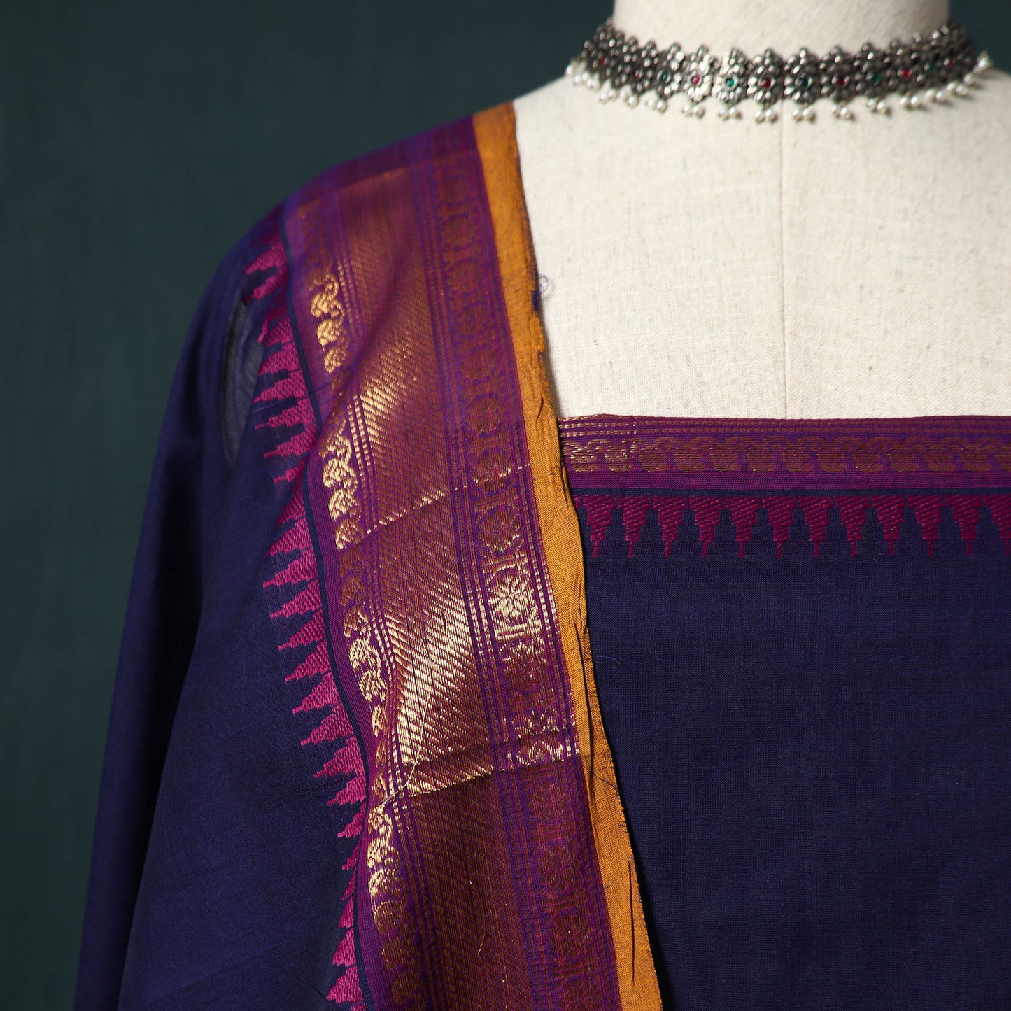 Blue - Kandangi Chettinad Cotton 2pc Unstitched Dress Material Kurta Set 07