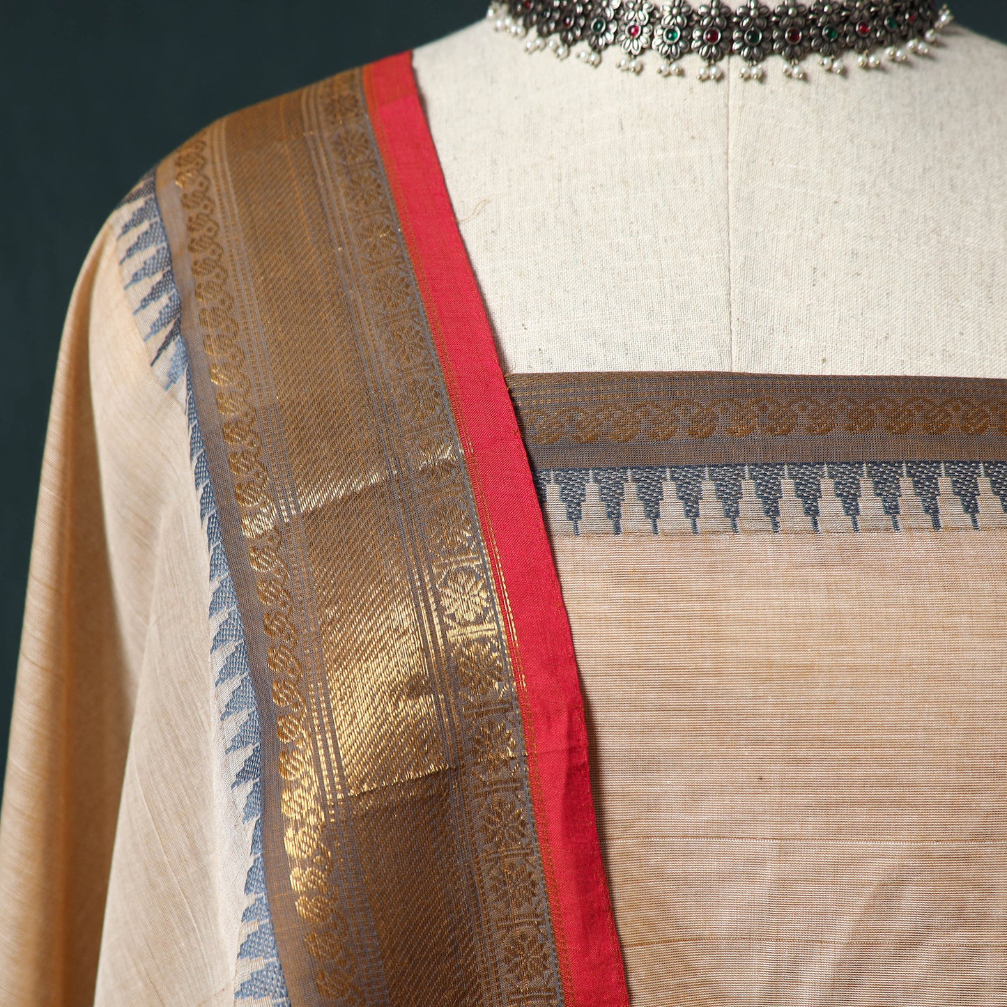 Beige - Kandangi Chettinad Cotton 2pc Unstitched Dress Material Kurta Set 09