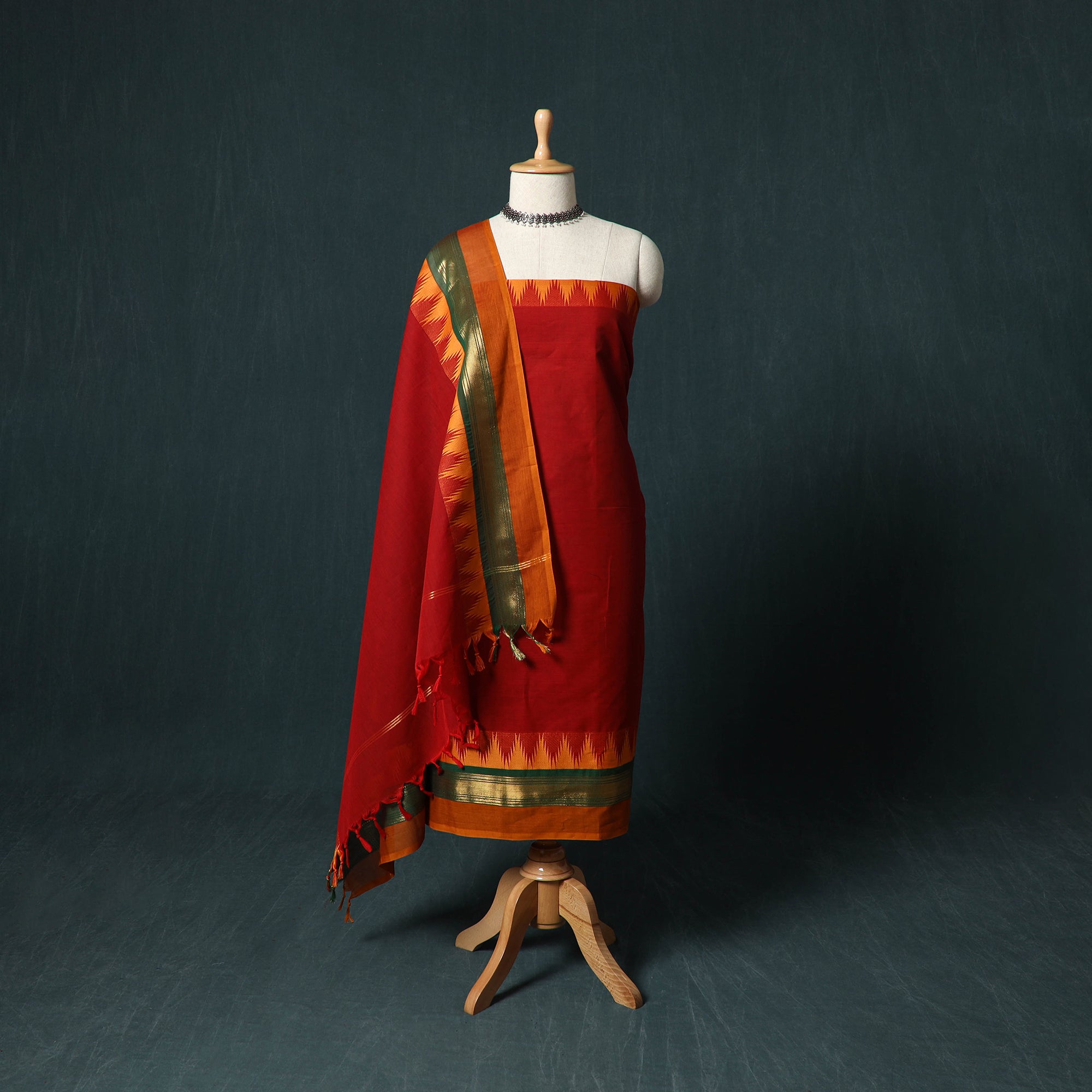Red Kandangi Chettinad Cotton 2pc Unstitched Dress Material Kurta Set