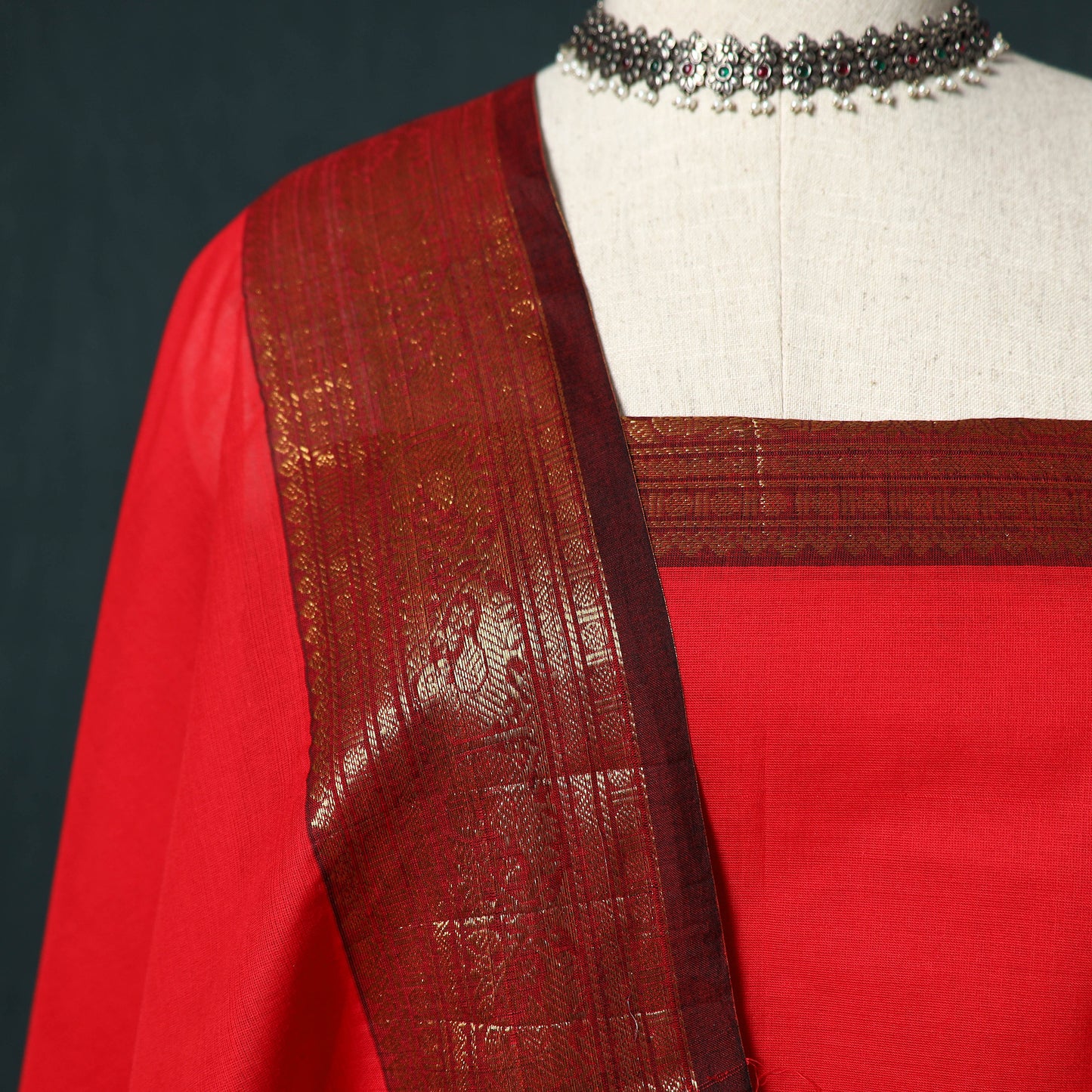 Red - Kandangi Chettinad Cotton 2pc Unstitched Dress Material Kurta Set 14