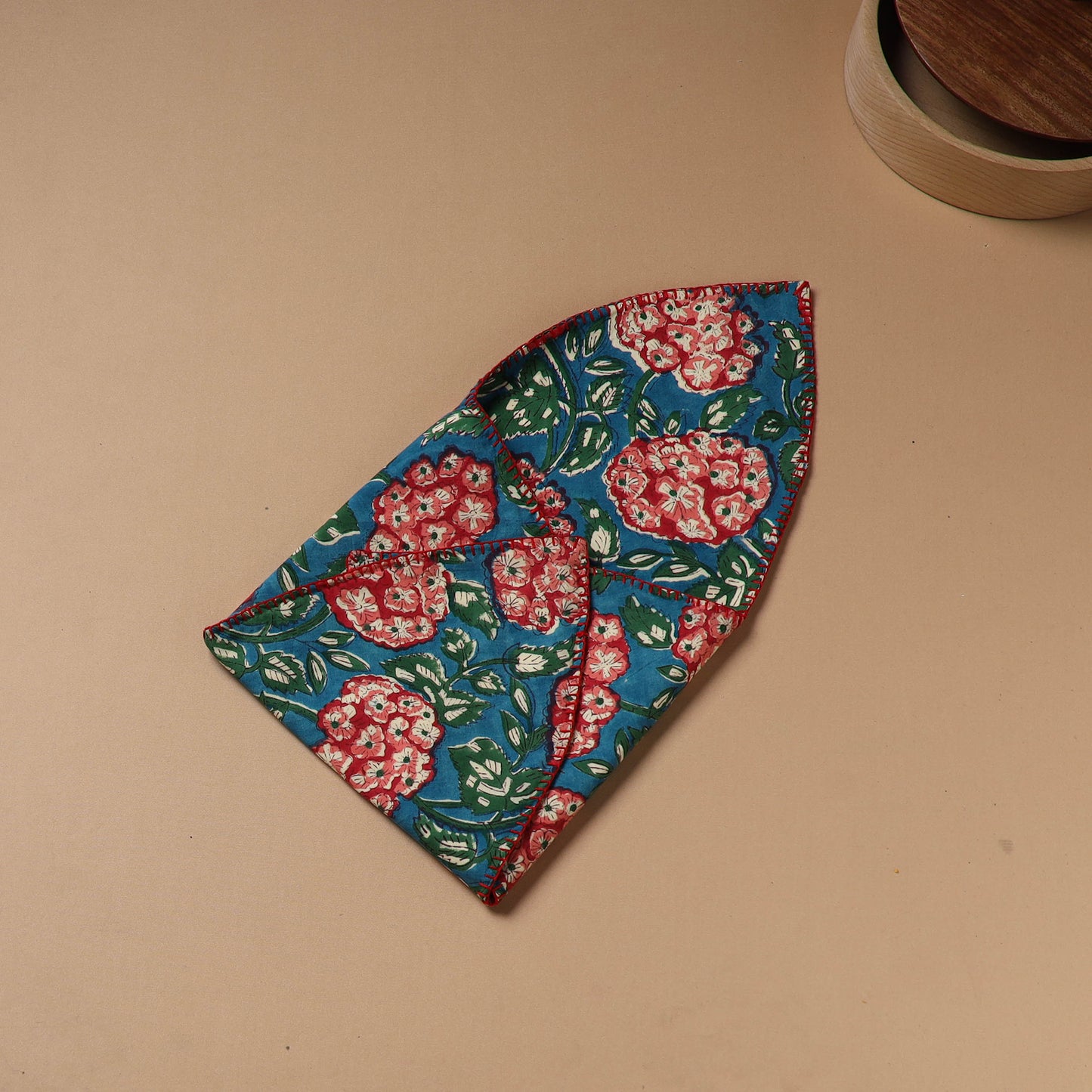 Blue - Hand Embroidered Floral Block Print Cotton Roti Napkin 04