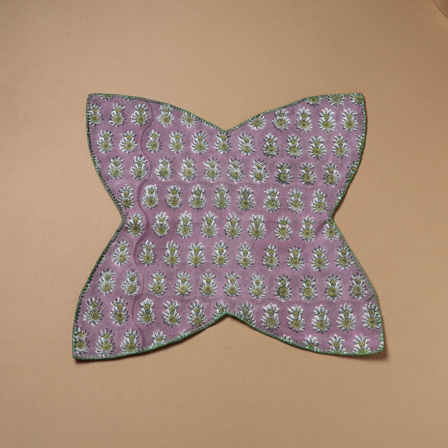 Purple - Hand Embroidered Floral Block Print Cotton Roti Napkin 07
