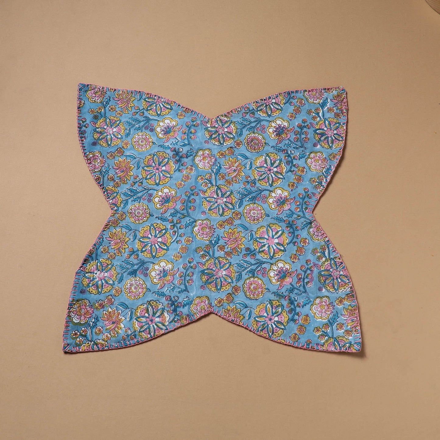 Blue - Hand Embroidered Floral Block Print Cotton Roti Napkin 11