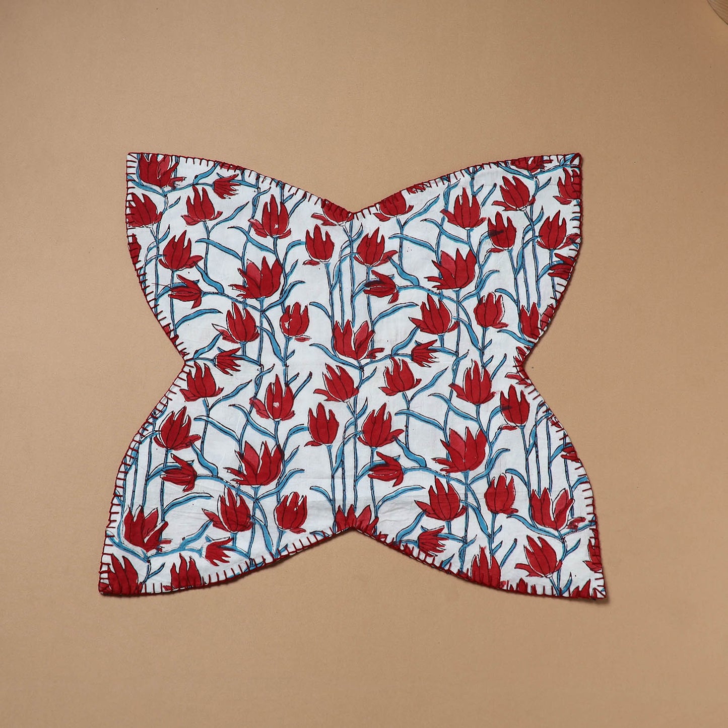 Red - Hand Embroidered Floral Block Print Cotton Roti Napkin 12