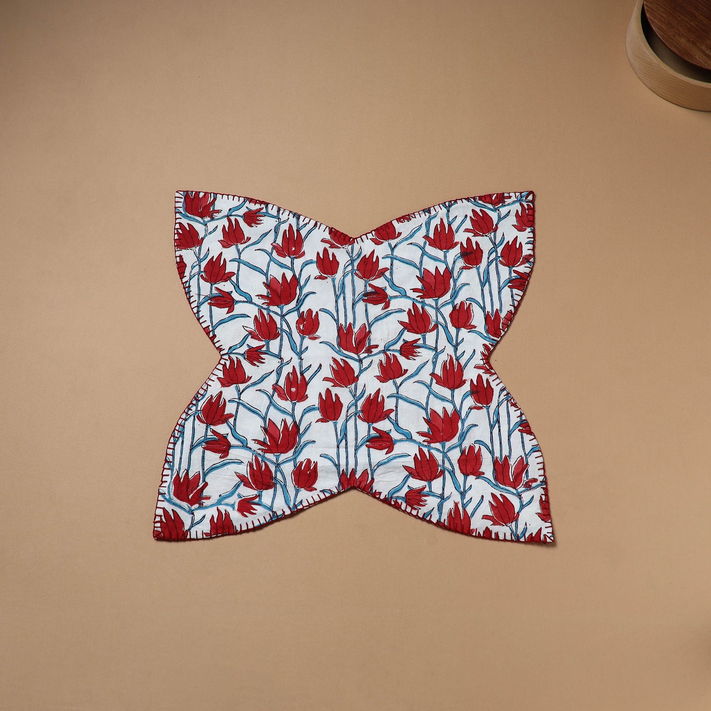 Red - Hand Embroidered Floral Block Print Cotton Roti Napkin 12