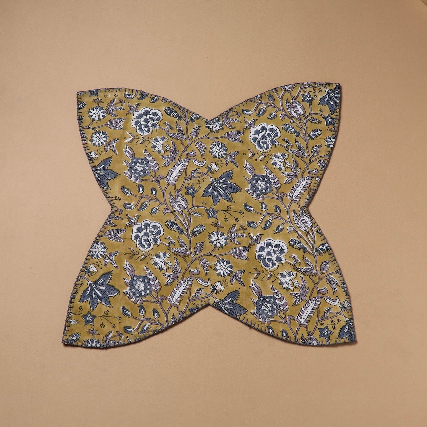 Yellow - Hand Embroidered Floral Block Print Cotton Roti Napkin 13