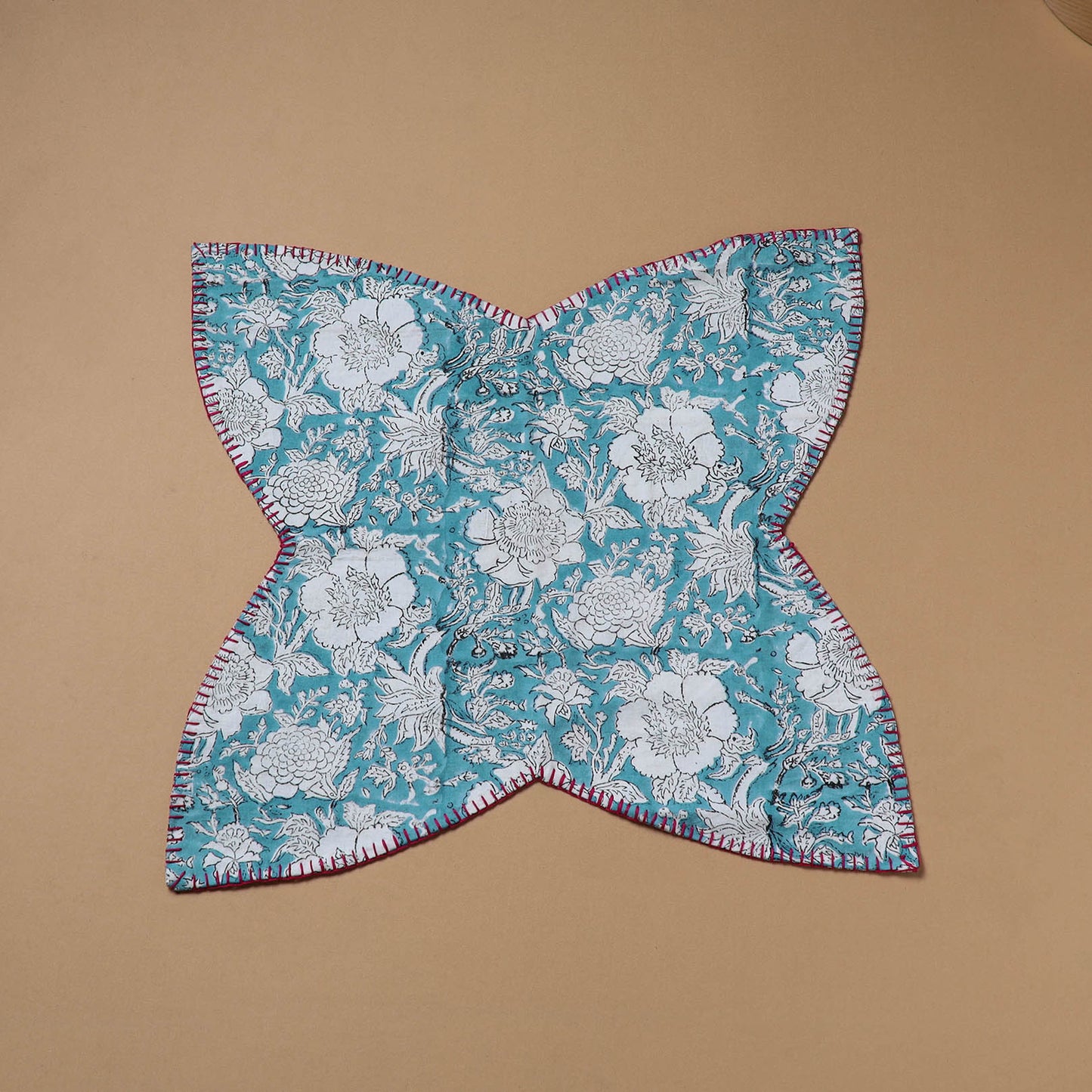 Blue - Hand Embroidered Floral Block Print Cotton Roti Napkin 16