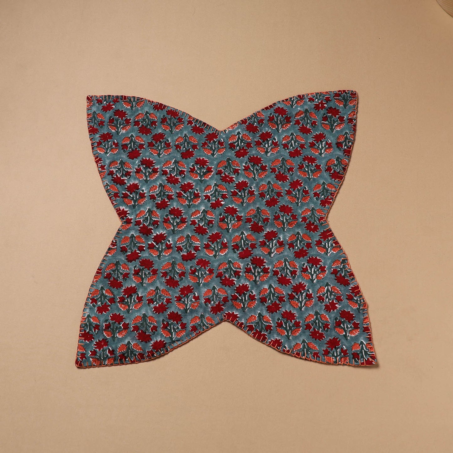 Red - Hand Embroidered Floral Block Print Cotton Roti Napkin 19