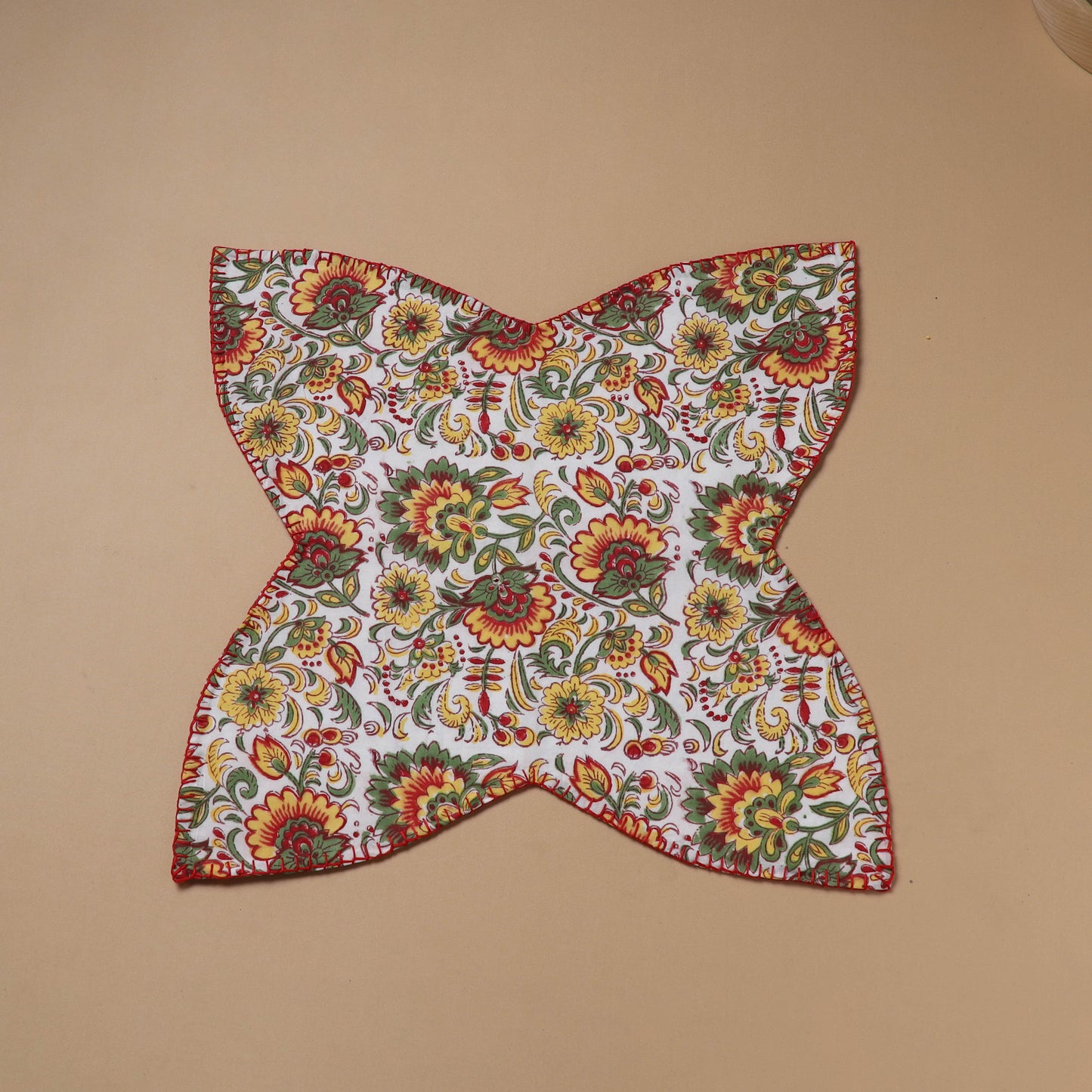 Multi clour - Hand Embroidered Floral Block Print Cotton Roti Napkin 20