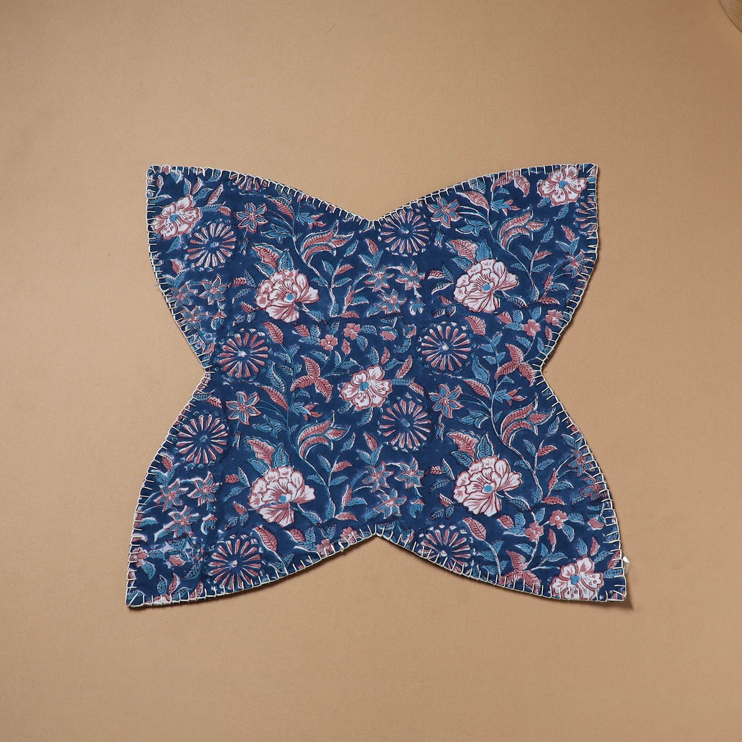 Blue - Hand Embroidered Floral Block Print Cotton Roti Napkin 21