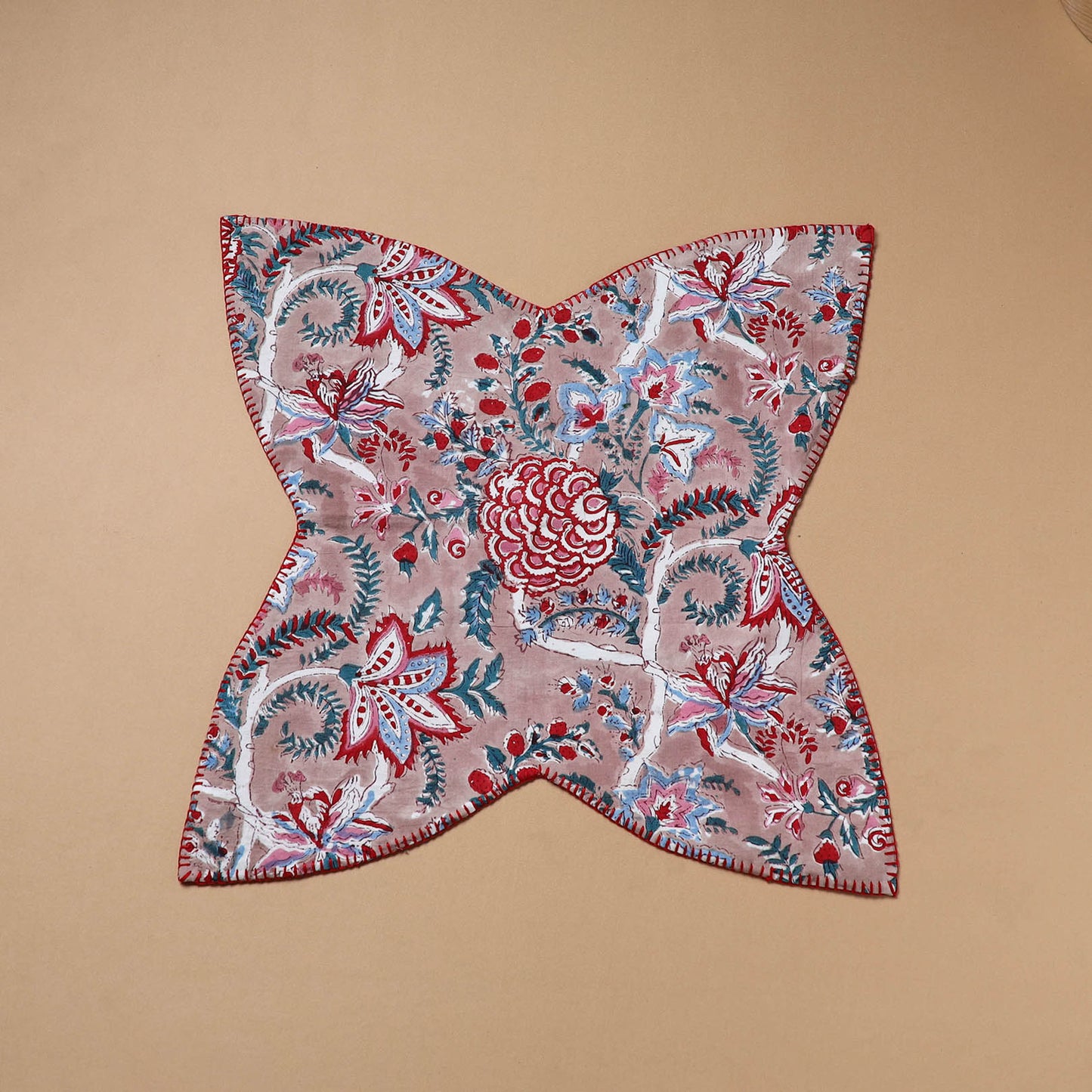 Peach - Hand Embroidered Floral Block Print Cotton Roti Napkin 27