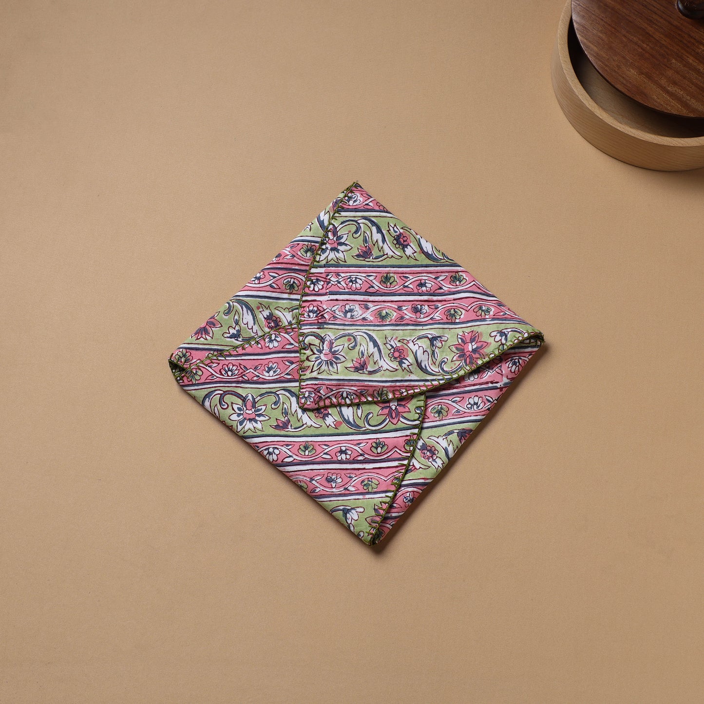 Pink - Hand Embroidered Floral Block Print Cotton Roti Napkin 24