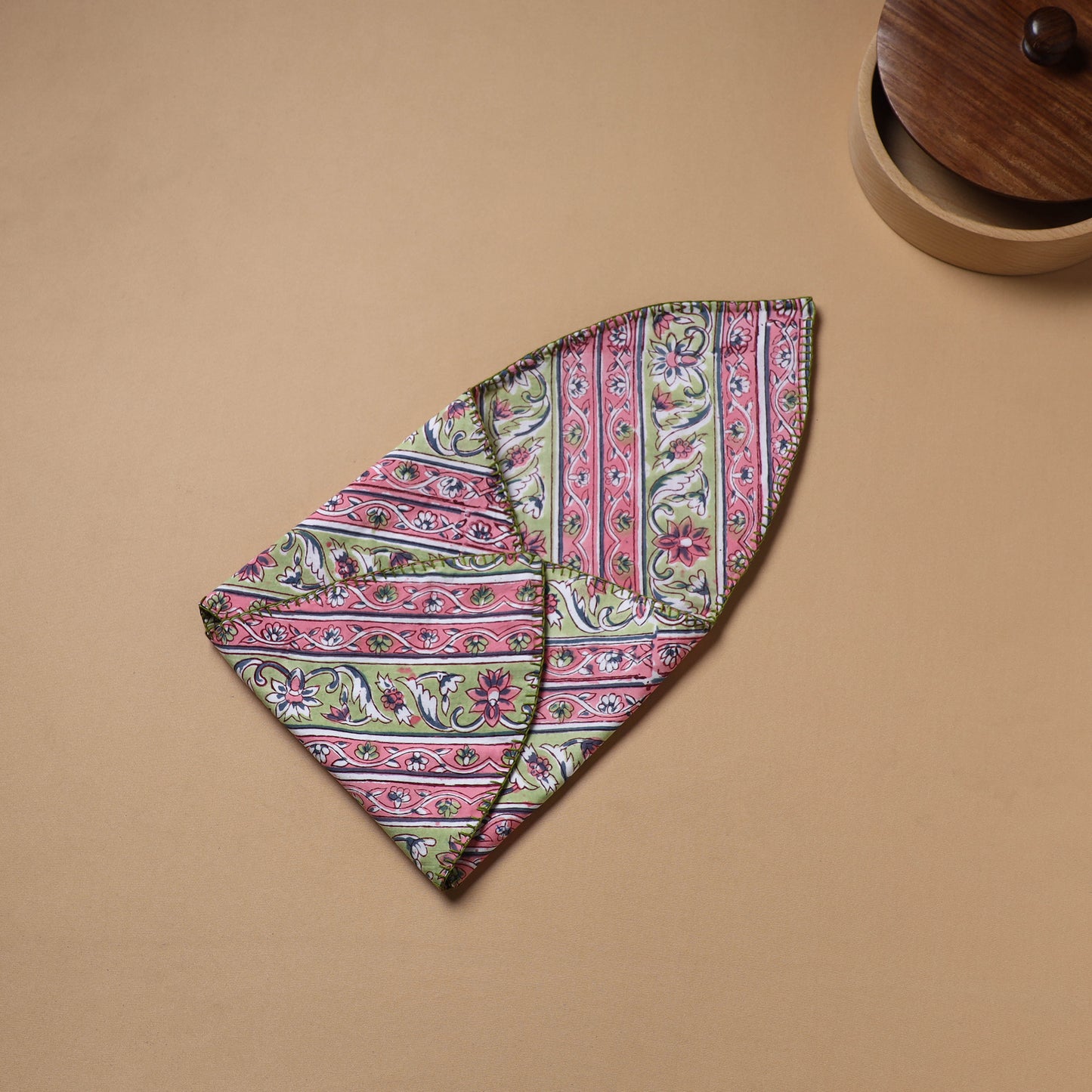 Pink - Hand Embroidered Floral Block Print Cotton Roti Napkin 24