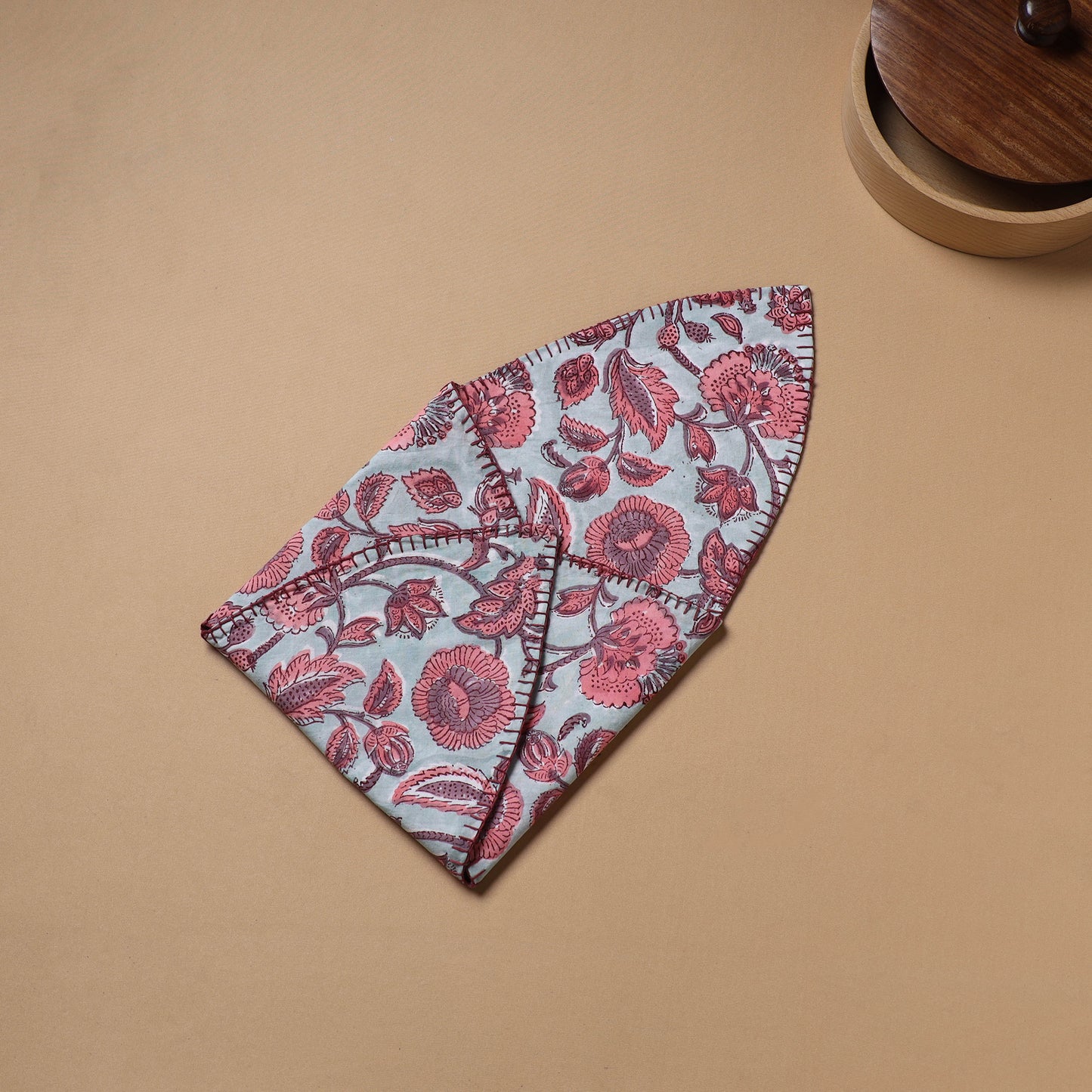 Mint - Hand Embroidered Floral Block Print Cotton Roti Napkin 22