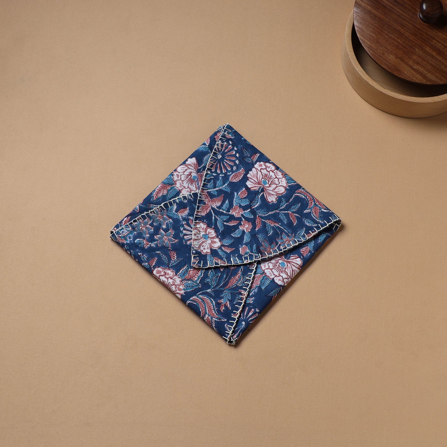 Blue - Hand Embroidered Floral Block Print Cotton Roti Napkin 21
