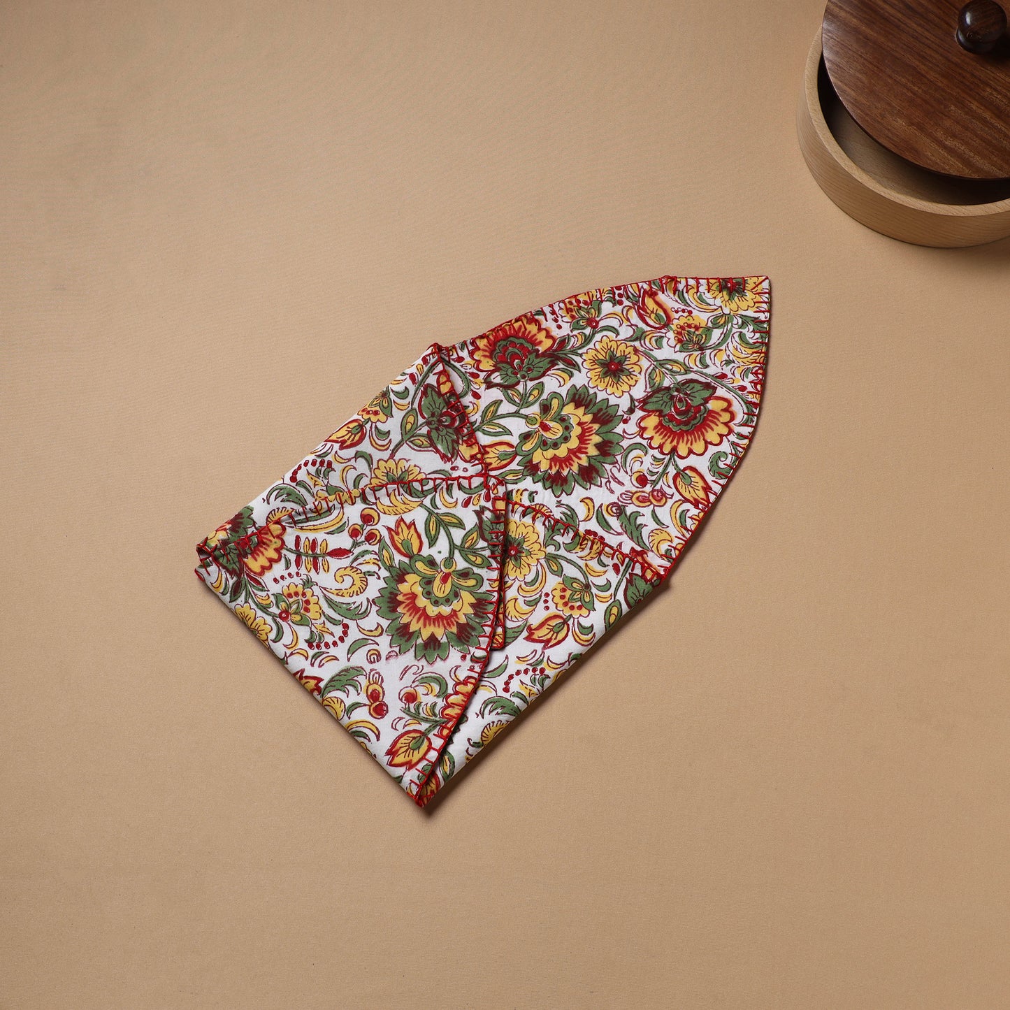 Multi clour - Hand Embroidered Floral Block Print Cotton Roti Napkin 20