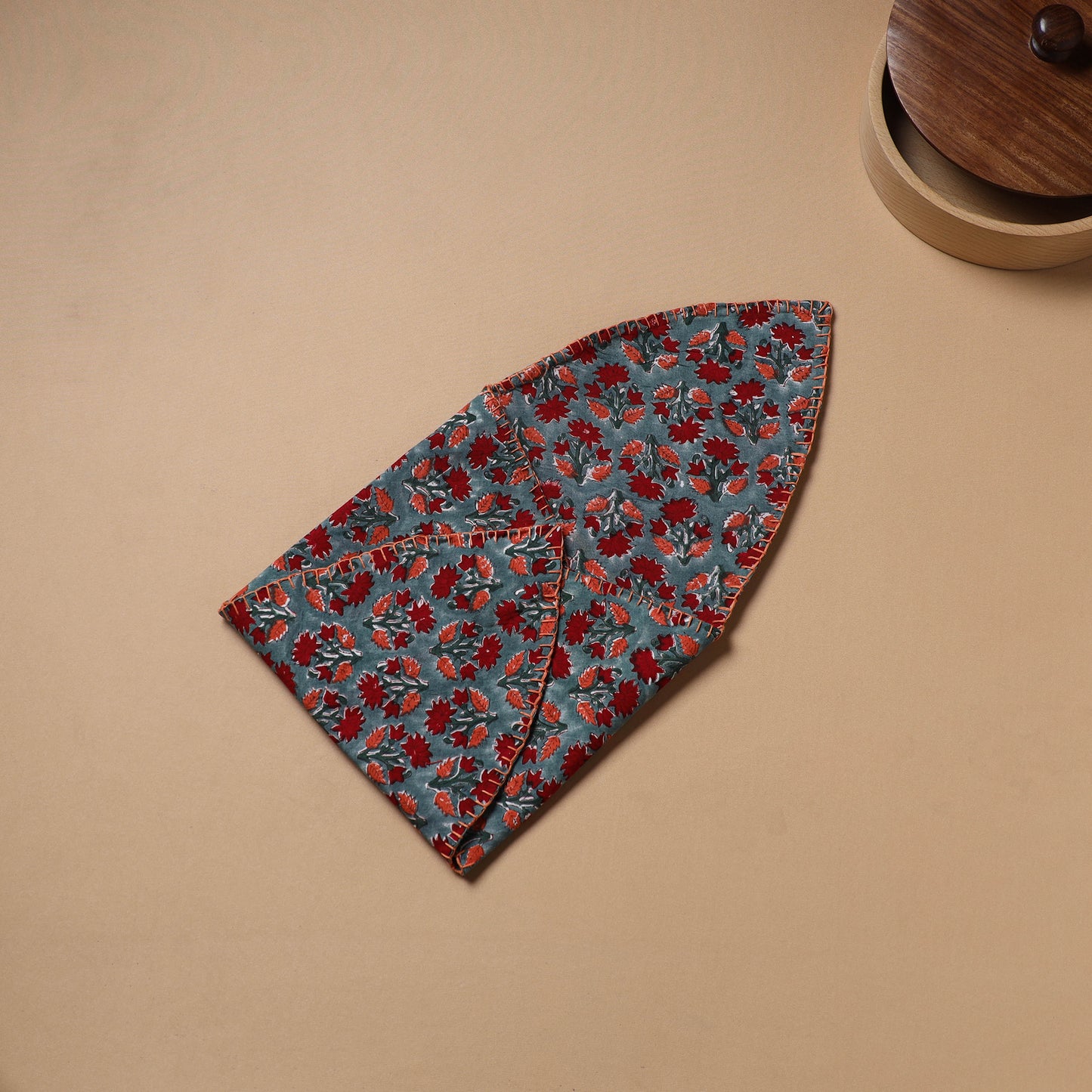 Red - Hand Embroidered Floral Block Print Cotton Roti Napkin 19