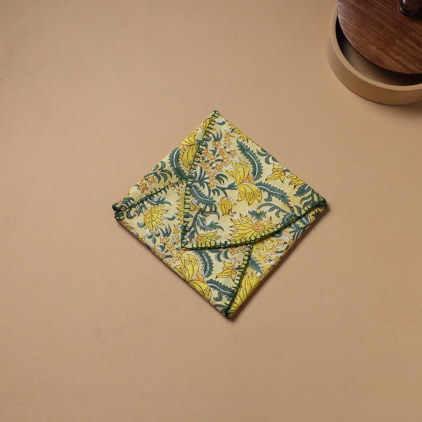 Yellow - Hand Embroidered Floral Block Print Cotton Roti Napkin 17