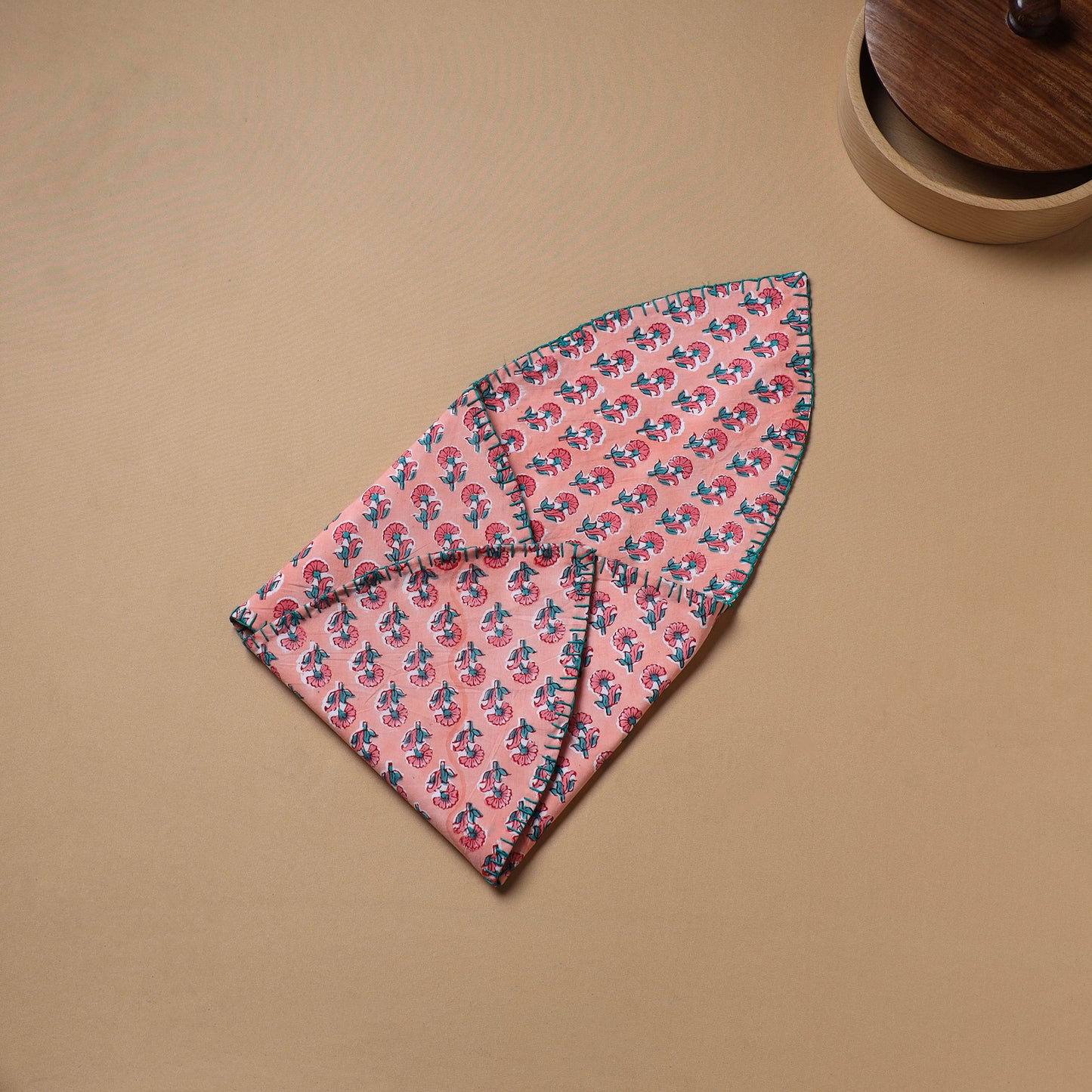 Pink - Hand Embroidered Floral Block Print Cotton Roti Napkin 15