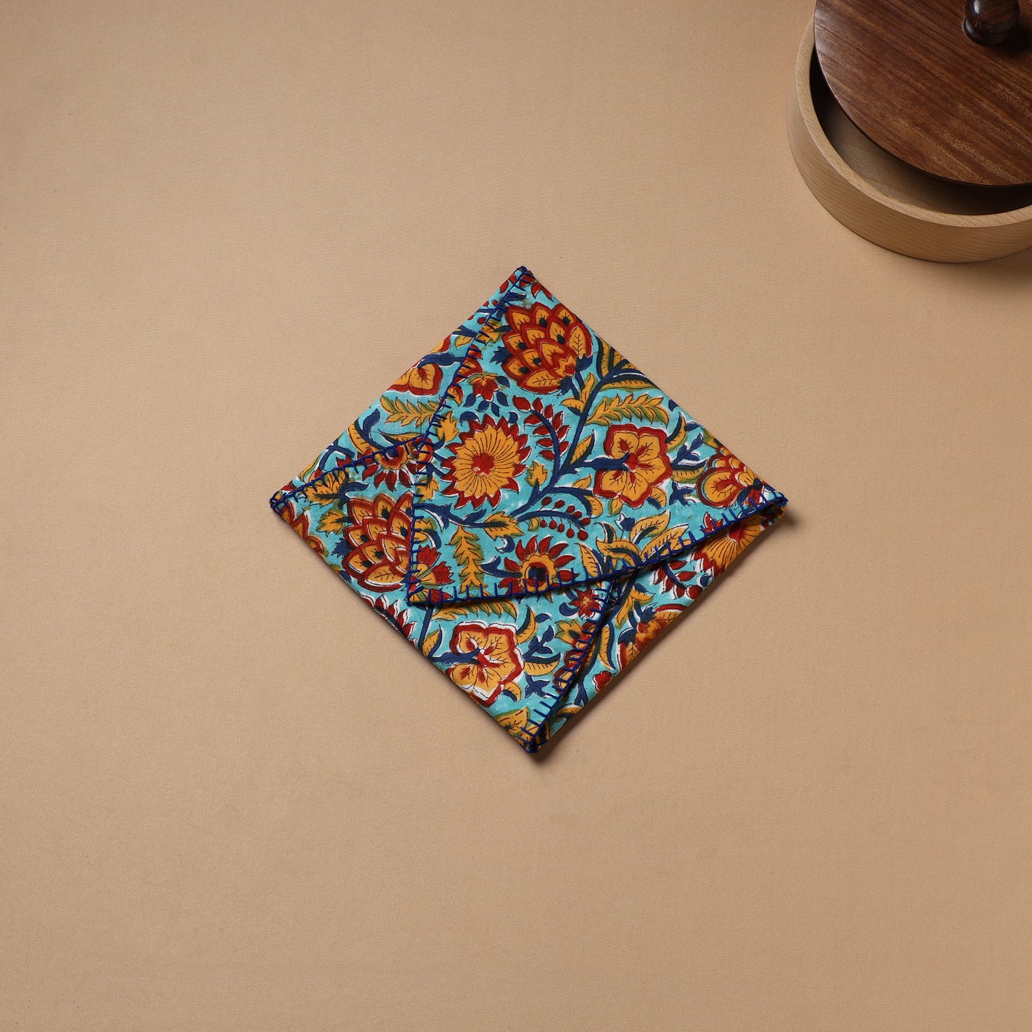 Blue - Hand Embroidered Floral Block Print Cotton Roti Napkin 14