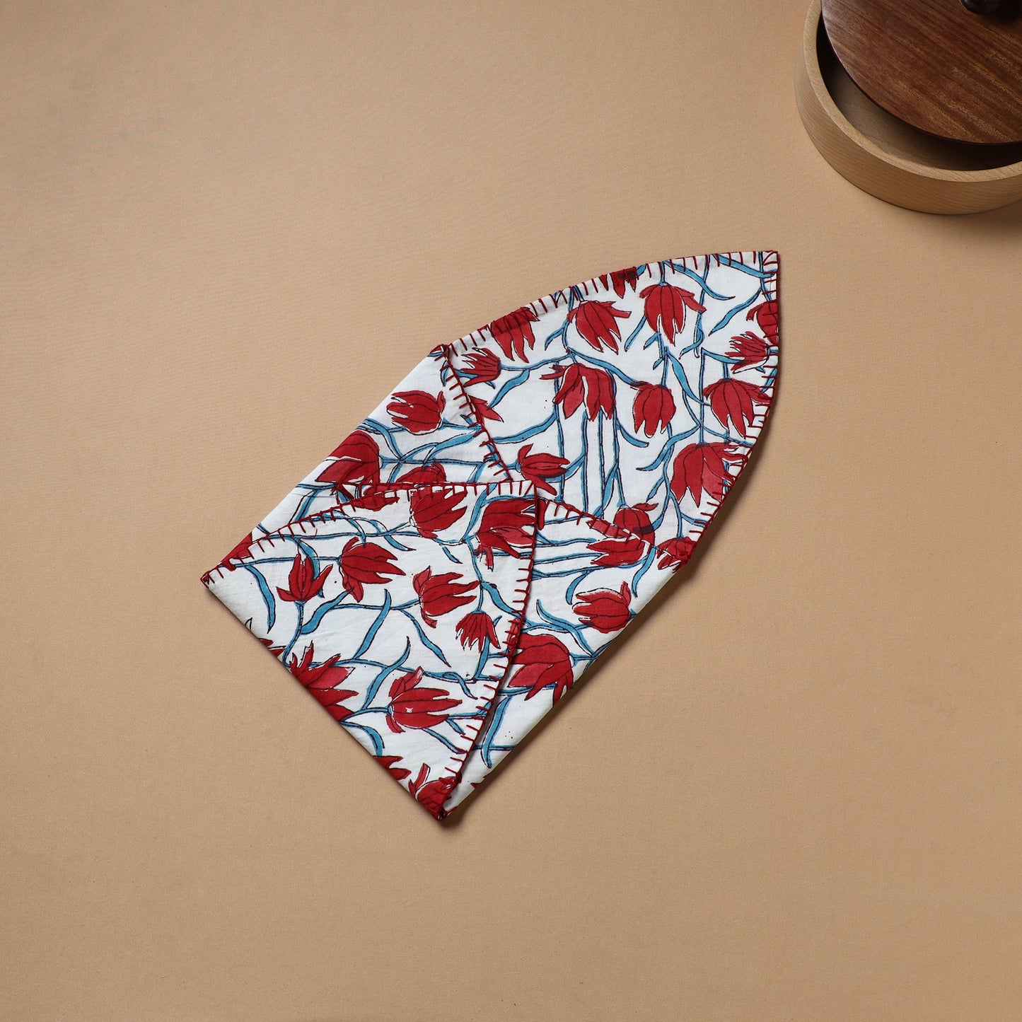 Red - Hand Embroidered Floral Block Print Cotton Roti Napkin 12