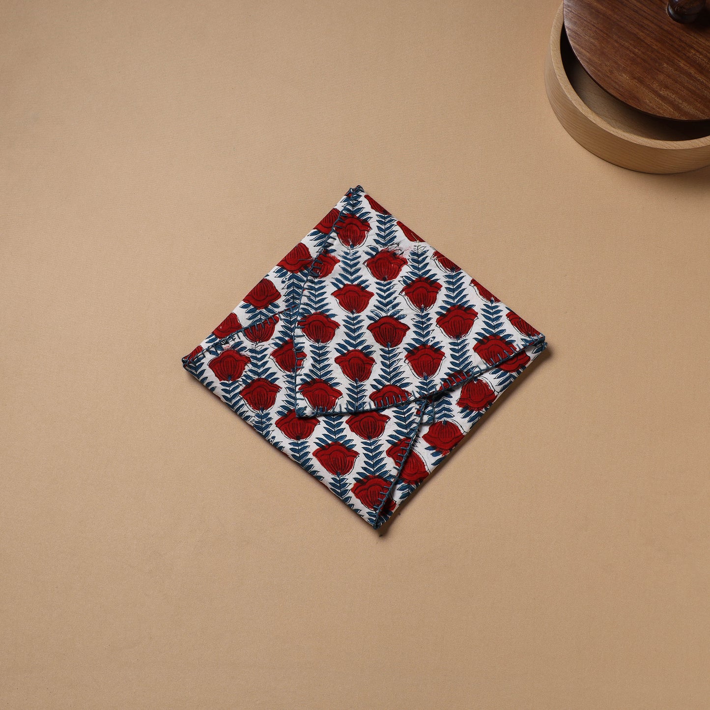 Red - Hand Embroidered Floral Block Print Cotton Roti Napkin 10
