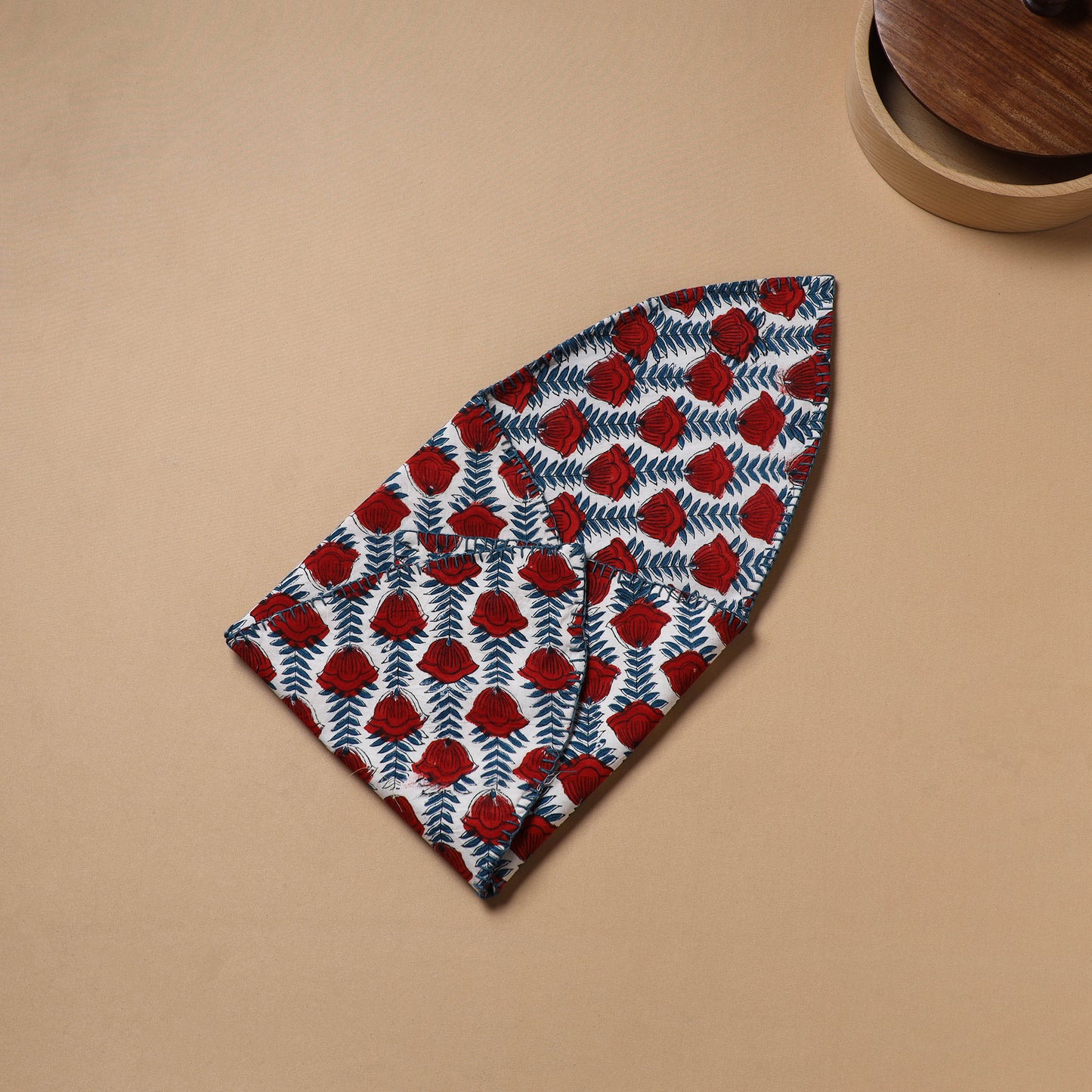 Red - Hand Embroidered Floral Block Print Cotton Roti Napkin 10
