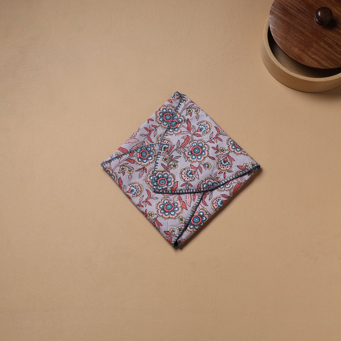 Purple - Hand Embroidered Floral Block Print Cotton Roti Napkin 09