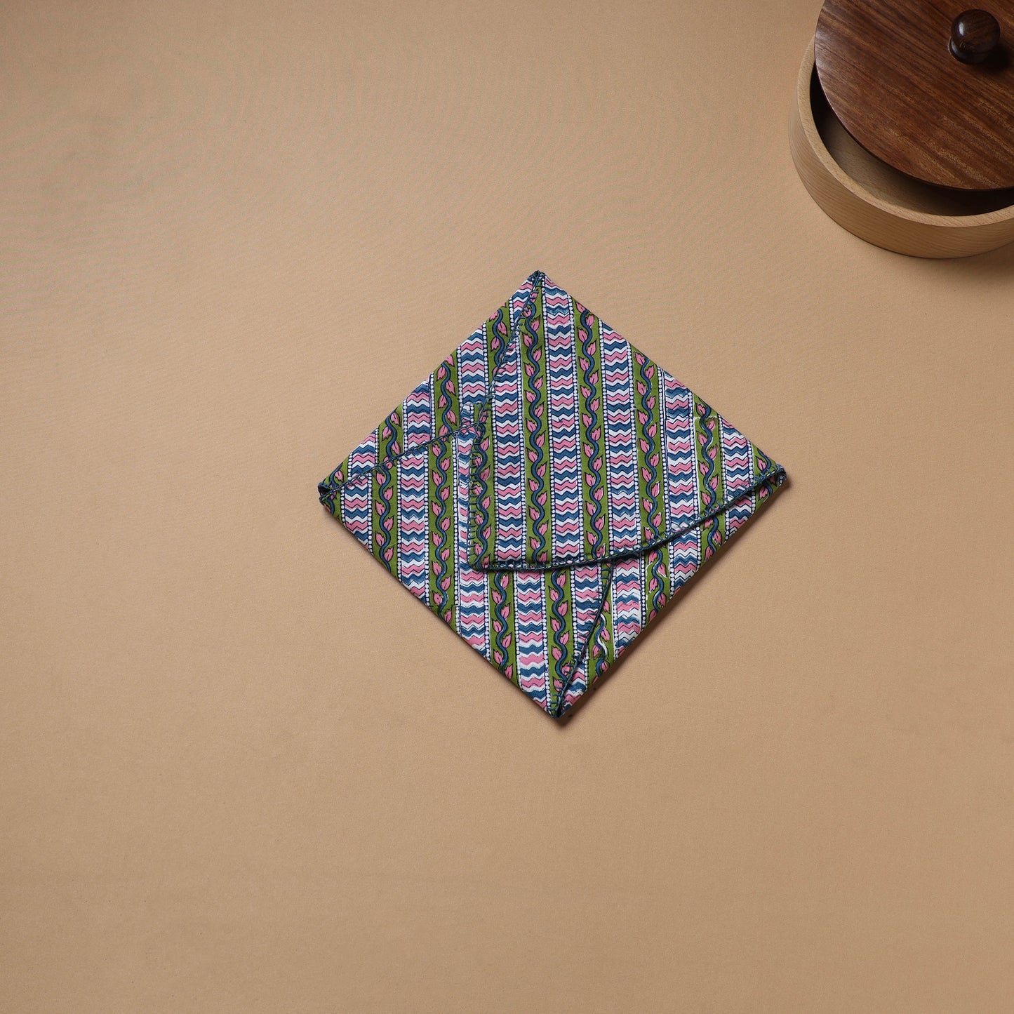 Green - Hand Embroidered Floral Block Print Cotton Roti Napkin 08