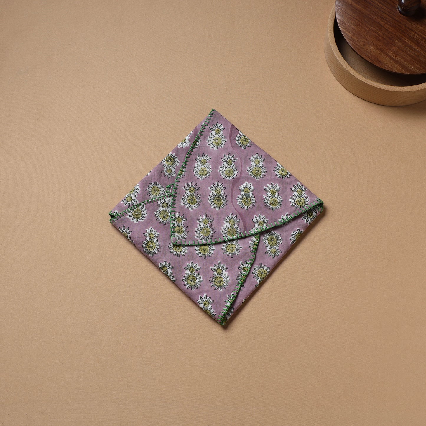 Purple - Hand Embroidered Floral Block Print Cotton Roti Napkin 07