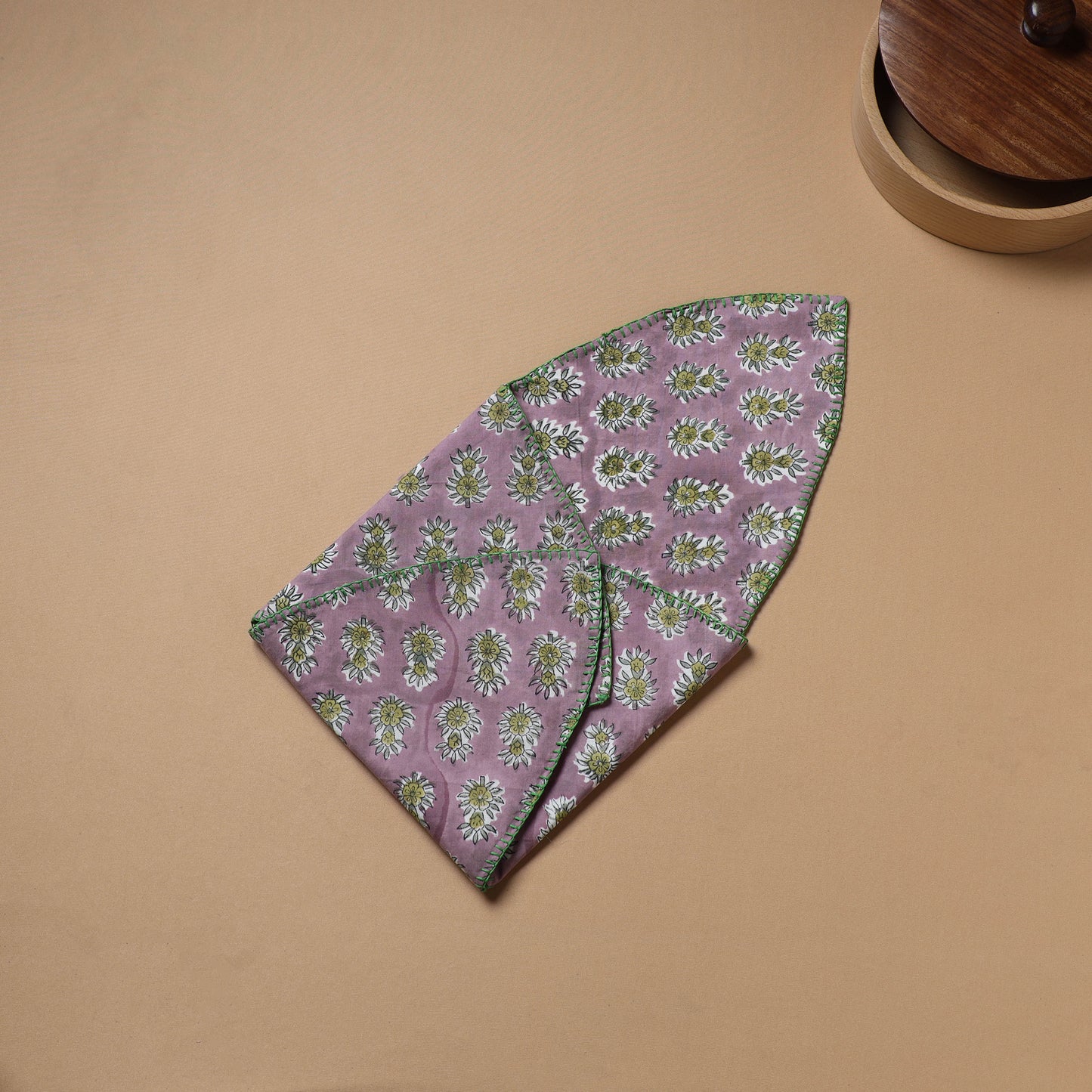 Purple - Hand Embroidered Floral Block Print Cotton Roti Napkin 07