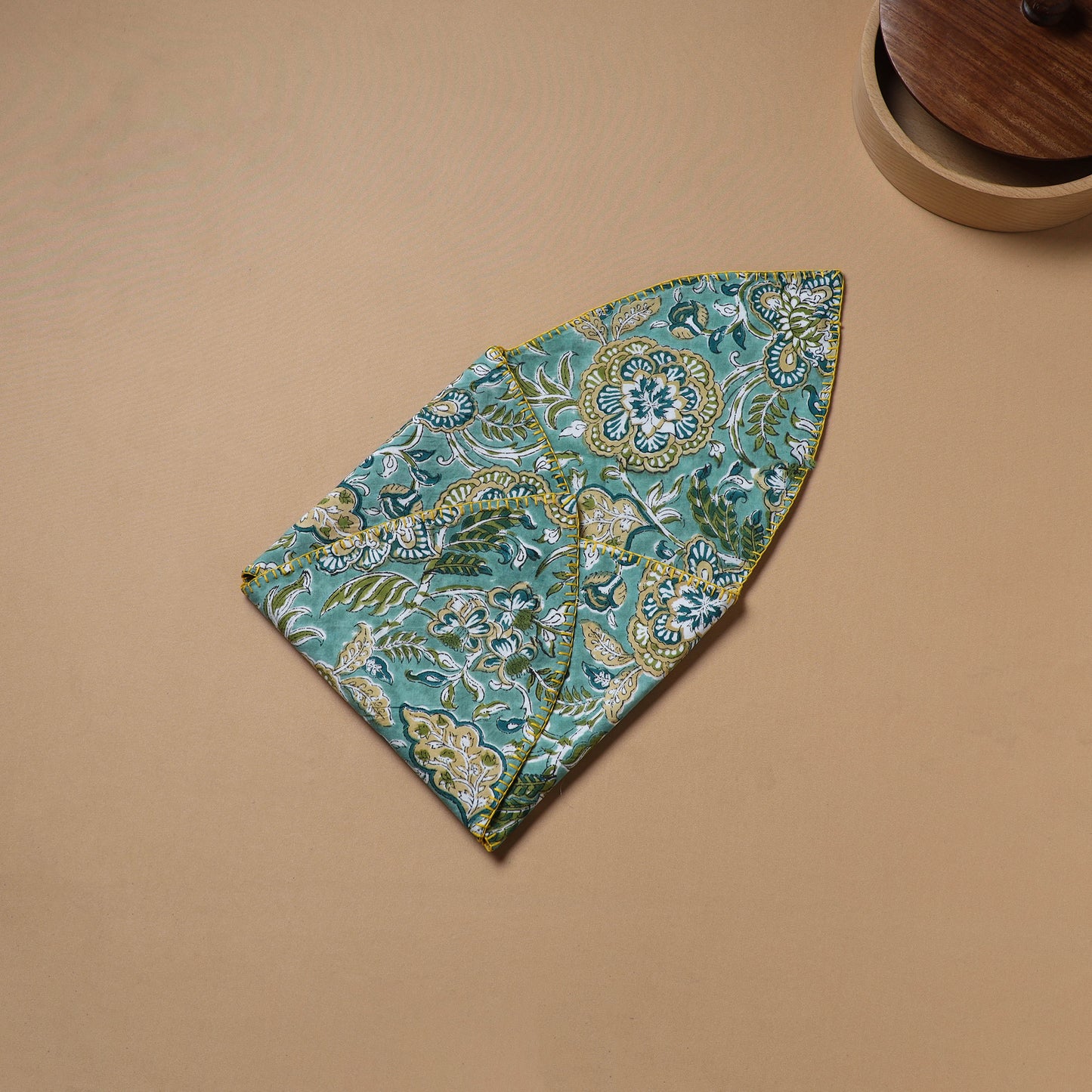 Blue - Hand Embroidered Floral Block Print Cotton Roti Napkin 06