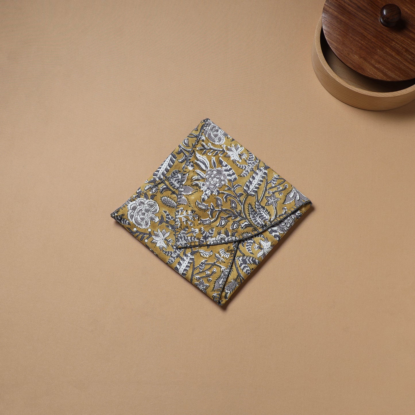 Yellow - Hand Embroidered Floral Block Print Cotton Roti Napkin 02