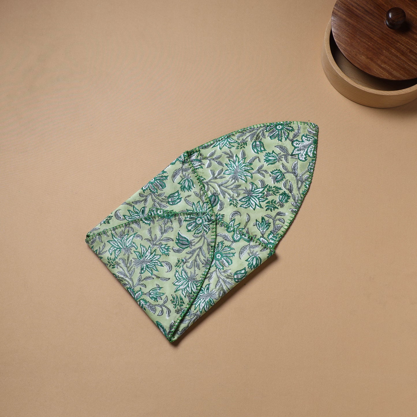 Green - Hand Embroidered Floral Block Print Cotton Roti Napkin 01