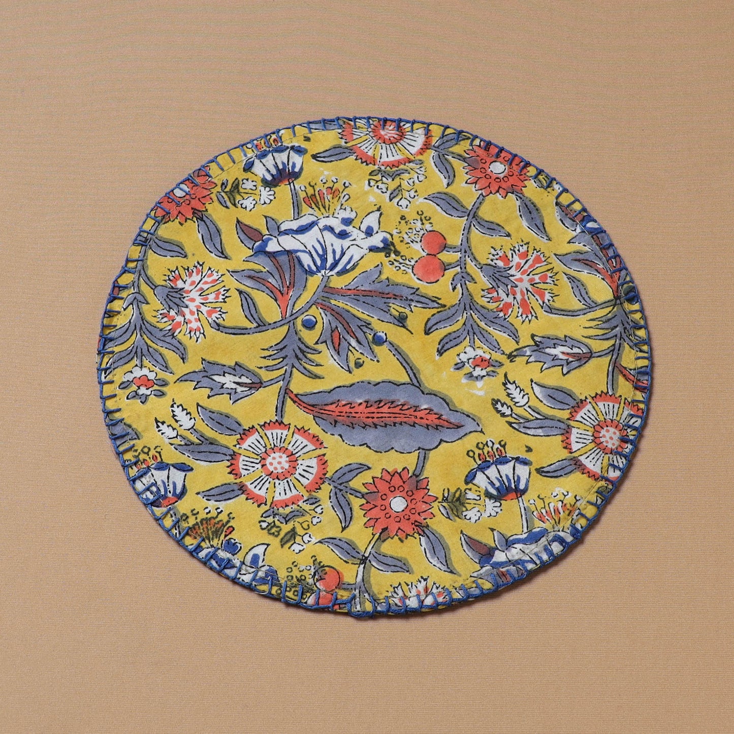 Yellow - Hand Embroidered Floral Block Print Cotton Round Roti Napkin 02