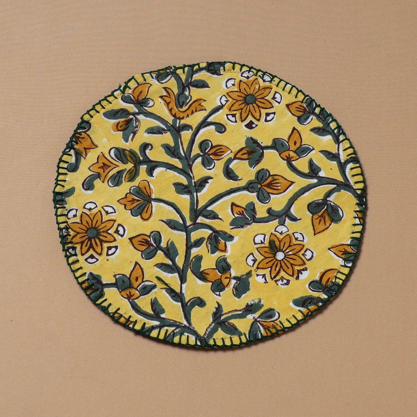 Yellow - Hand Embroidered Floral Block Print Cotton Round Roti Napkin 04